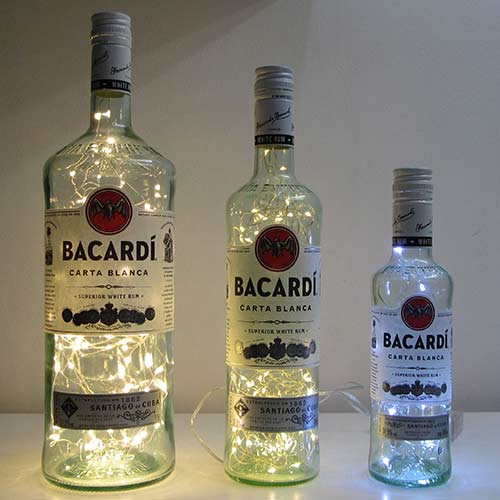 I was a bottle: Glas-Flaschen - Lampen und Leuchten, Laternen, Gläser, Vasen und Schalen aus Glas, Led- Flaschenlampen: Ledflaschen-Lampen Bacardi in small, medium und large