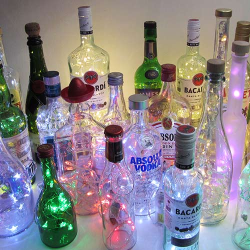 I was a bottle: Glas-Flaschen - Lampen und Leuchten, Laternen, Gläser, Vasen und Schalen aus Glas, Led- Flaschenlampen: bunte, verschiedene Led- Flaschenlampen