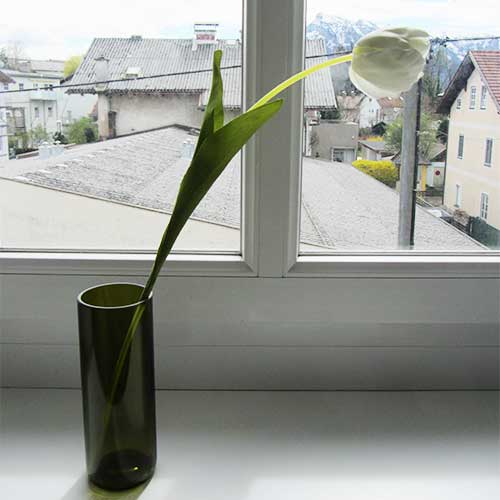 I was a bottle: Glas-Flaschen - Lampen und Leuchten, Laternen, Gläser, Vasen und Schalen aus Glas, Vasen und Hängevasen: schmale hohe grüne Vase mit Blume